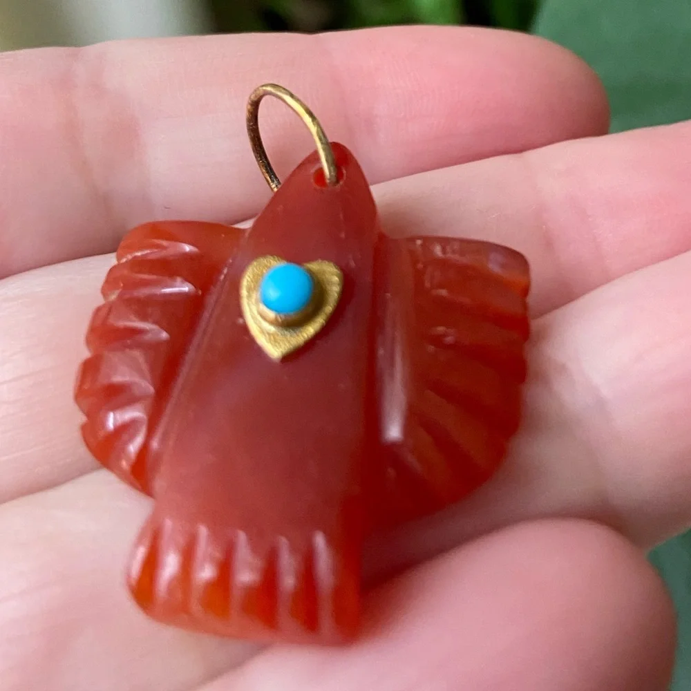Tova Malibu - Carnelian With Turquoise Heart Bezel Thunderbird Pendant - Picture 4 of 11